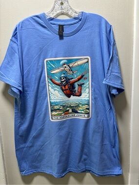 Men’s XL DTF Transfer Blue Short Sleeve Tee Skydiving Skeleton Newly Handmade